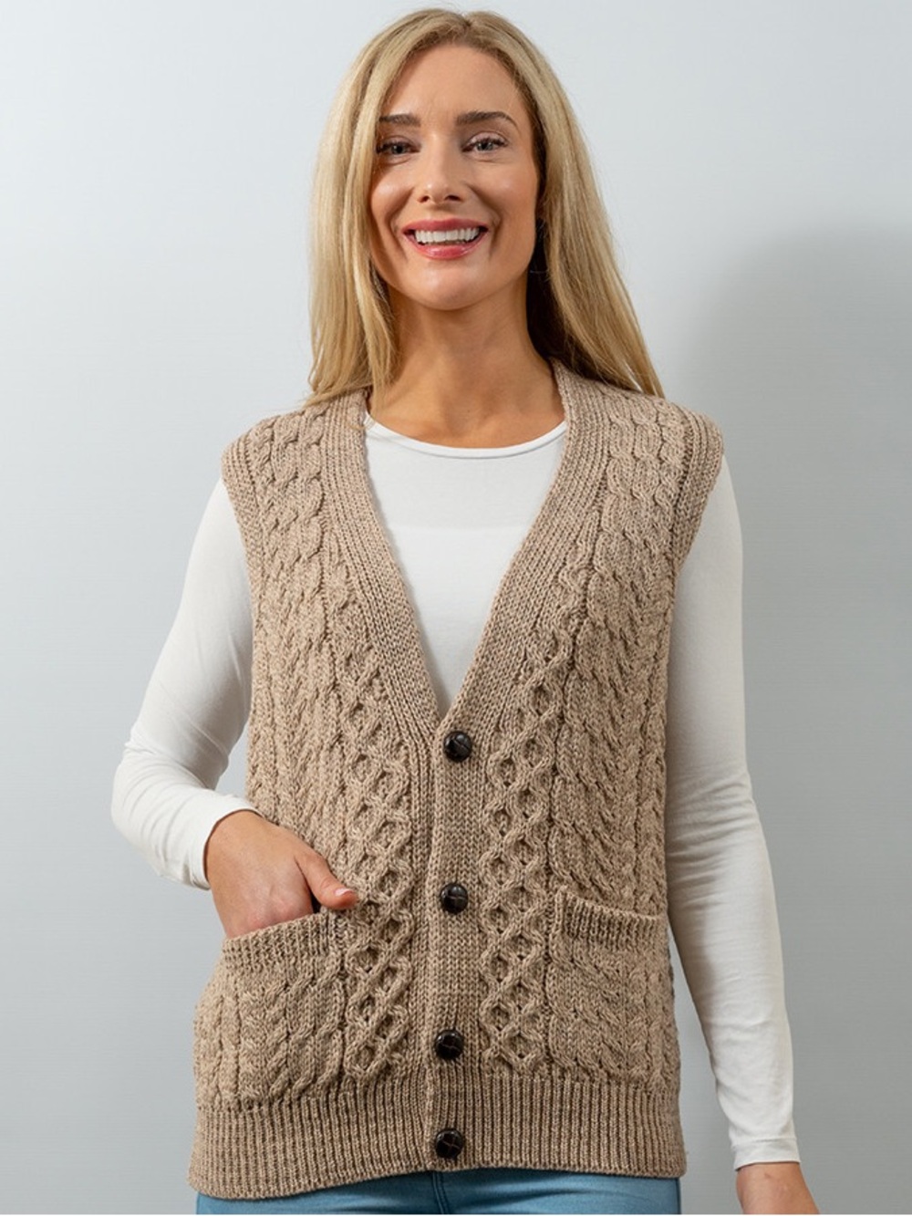 Aran Sweater Market Beige Wool Waistcoat L Cable Knit Button Vest Ireland V Neck